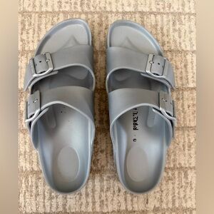 Birkenstock Silver Lightweight Double-Buckle Slide Sandals, size 40